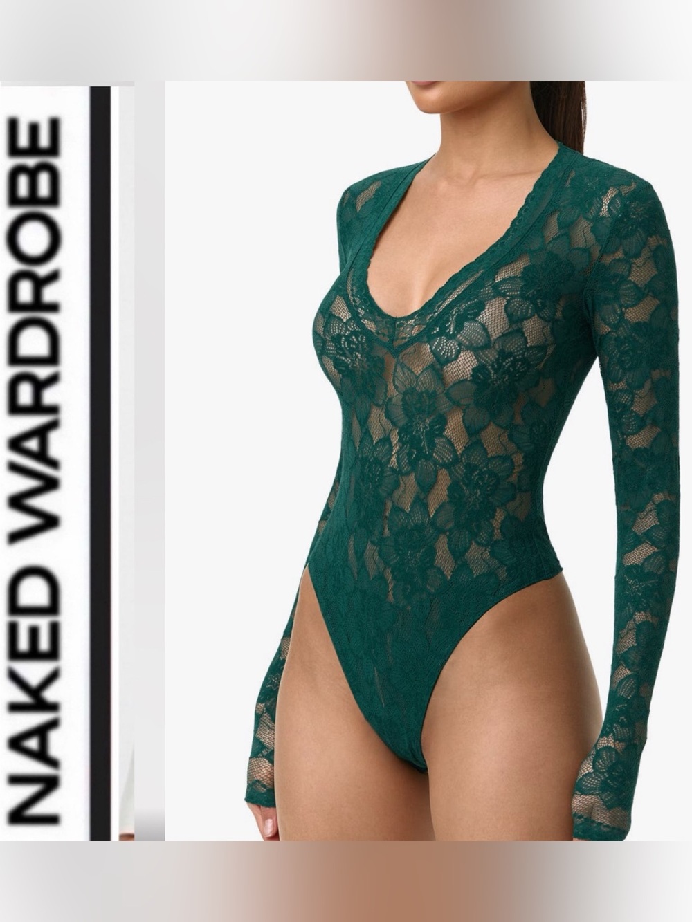 Naked Wardrobe 💚 Emerald Green Lace Long-Sleeve Bodysuit